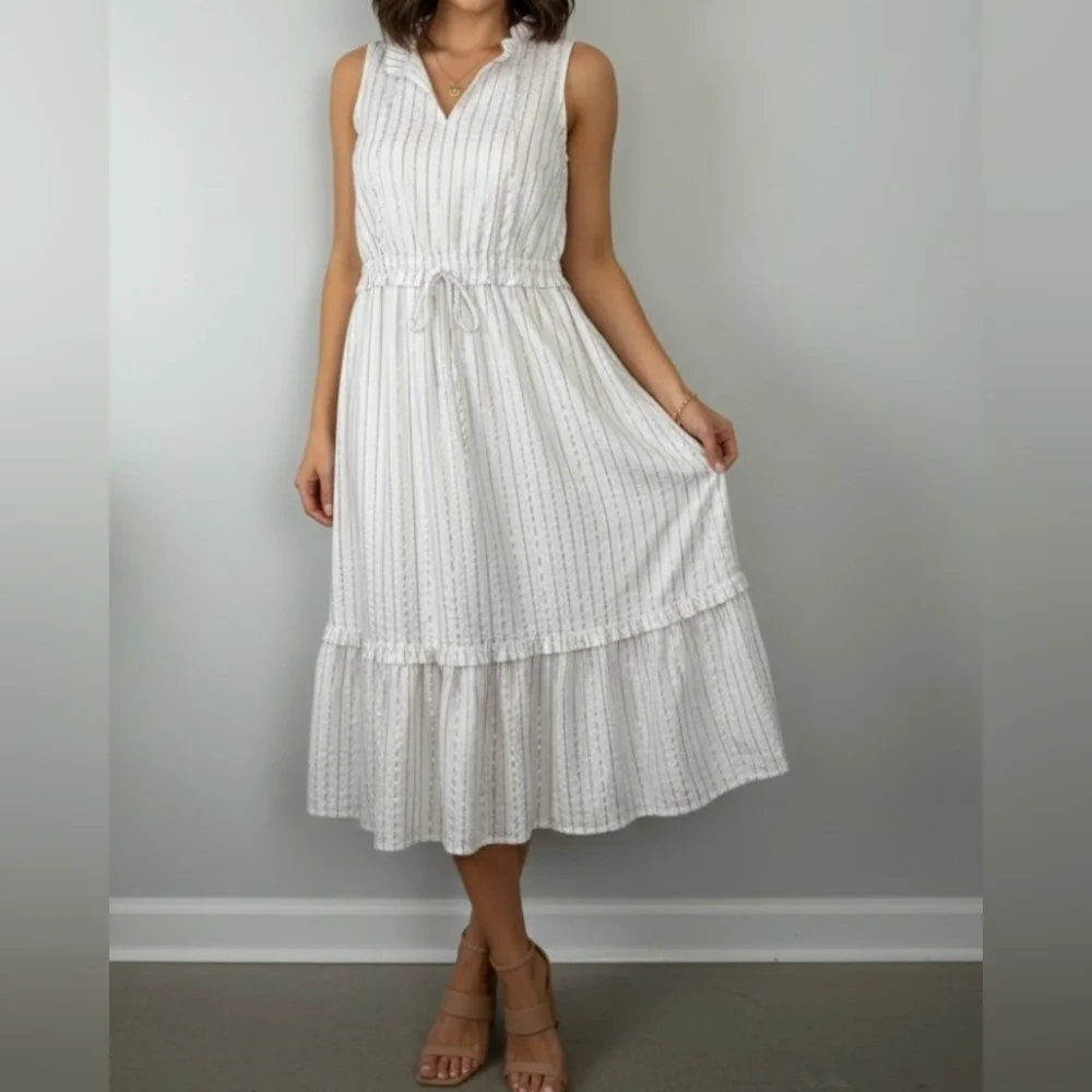 J.Crew Cotton Ruffle Collar Metallic Stripe Midi Dress - White/Pastel Size 6